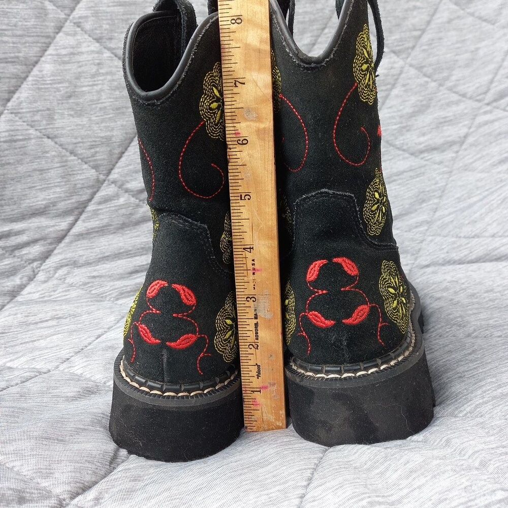 Roper Chunky Black Suede Boots w/Floral Embroidery Cowgirl Y2K Stagecoach - Picture 3 of 7